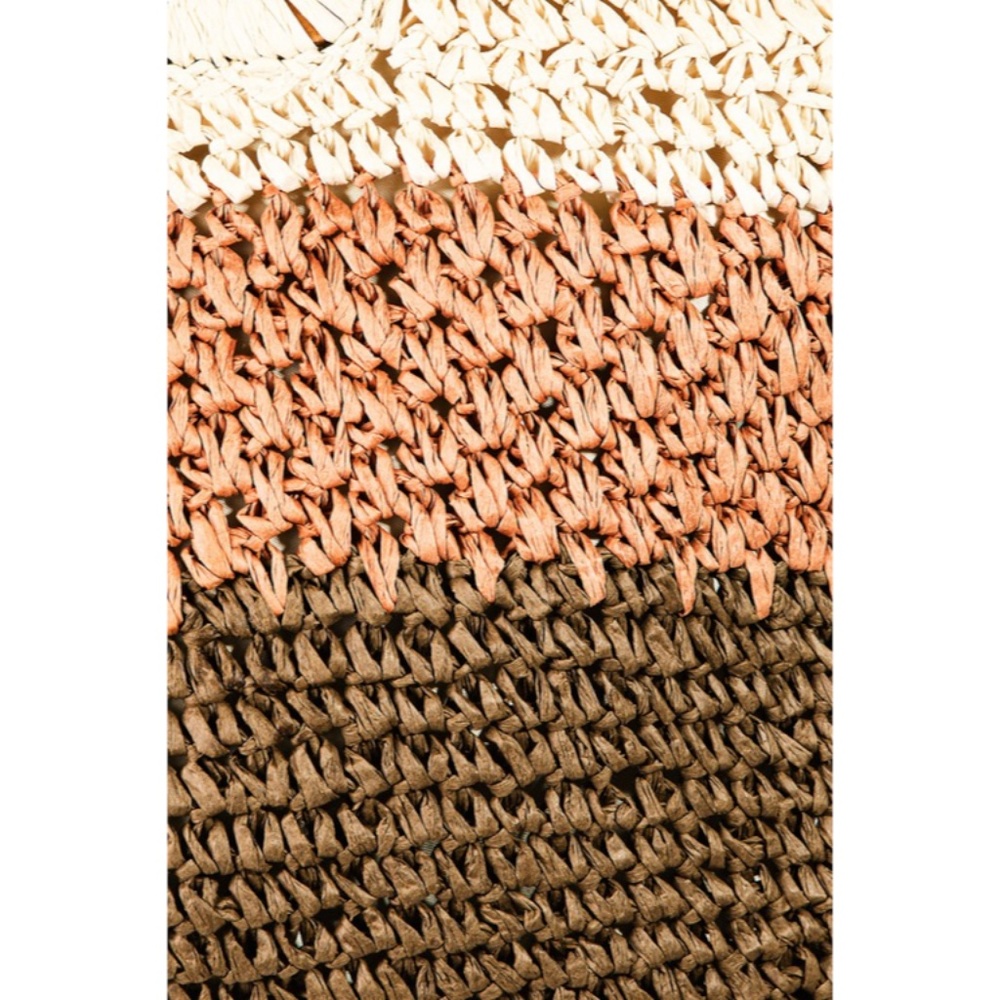 SOLD OUT Three Tone Striped Square Wood Handle Woven Braided Straw Tote Bag - Picture 2 of 5
